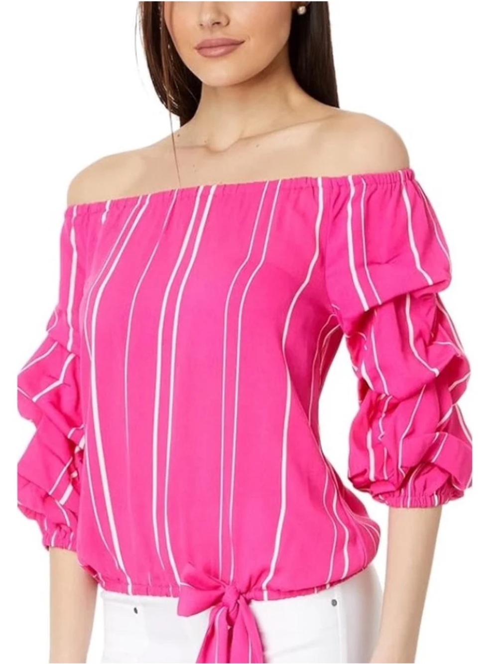 NWT Vince Camuto Sz 1X Striped Off-Shoulder Bubble Sleeve Tie Blouse Top Ret $79